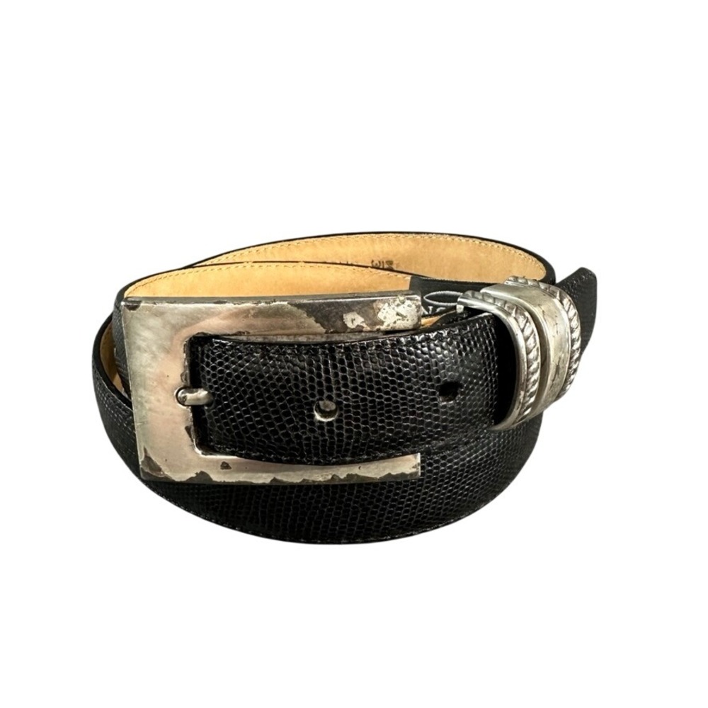 Brighton Mens Black Lizard Embossed Leather Belt 32 USA 4A603 Silver Buckle